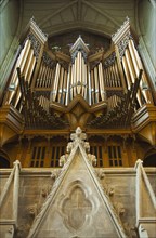 England, West Sussex, Shoreham-by-Sea, Lancing College Chapel interior view of the main organ.