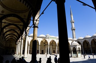 Turkey, Istanbul, Sultanahmet Camii The Blue Mosque Courtyard and minaret with Absolutions Fountain