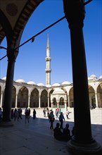 Turkey, Istanbul, Sultanahmet Camii The Blue Mosque Courtyard and minaret with Absolutions Fountain