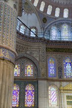 Turkey, Istanbul, Sultanahmet Camii The Blue Mosque interior with painted walls and stained glass