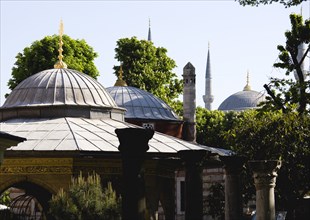 Turkey, Istanbul, Sultanahmet Haghia Sophia Ablutions Fountain with dome and minarets of the Blue