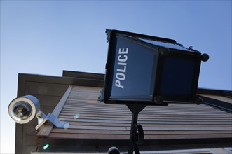 Law & Order, Police, Lamp and CCTV camera outside police station. 
Photo : Stephen Rafferty