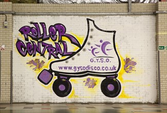 Art, Graffiti, Former parcel delivery warehouse converted into roller disco with the walls
