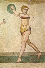 Italy, Sicily, Piazza Armerina, Villa Romana del Casale Mosaic of female gymnasts in bikinis Hall
