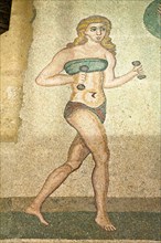Italy, Sicily, Piazza Armerina, Villa Romana del Casale Mosaic of female gymnasts in bikinis Hall