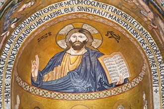 Italy, Sicily, Palermo, Palazzo dei Normanni Cappella Palatina Jesus Christ mosaic in the apse.