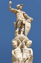 Italy, Sicily, Messina, Piazza Del Duomo Statues on the top of Orion Fountain. 
Photo : Mel