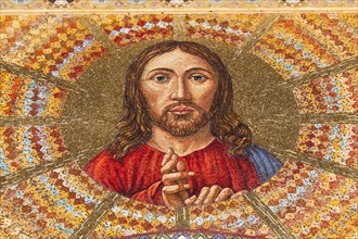 Italy, Sicily, Messina, Piazza Del Duomo Jesus Christ mosaic inside Cathedral. 
Photo : Mel