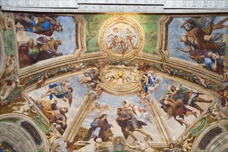 Italy, Sicily, Syracuse, Ortygia. Cathedral paintings on ceiling of Santissimo Sacramento Chapel.