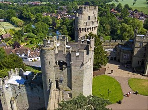 England, Warwickshire, Wawick Castle, Ariel view of buildings and Warwick from Guys Tower. 
Photo