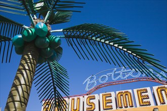 Plastic artificial Palm Tree with amusement arcade behind in clear blue sky.