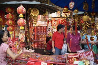 shop at stall with Red Lanterns and Decorations for Chinese New Year.