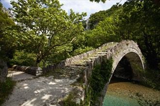Old Greek traditional arch style stone bridge at a nature protected area with the cleanest rivers in Europe.