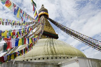 Five color prayer flags with mantras at Swayambhunath Stupa.