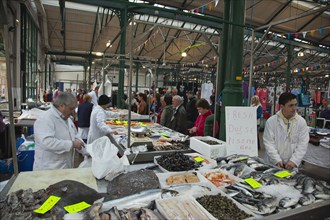 St Georges Market fresh fish display with Dulse seaweed for sale.