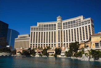 The Bellagio Hotel Casino across the fountain lake.