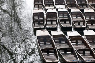 Punts available for rent on the river Cherwell near Magdalen bridge.