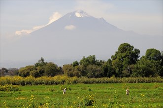 Mexico, Puebla, Popocatepetl, View towards volcanic cone of Popocatepetl with figures working in