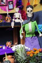 Mexico, Michoacan, Patzcuaro, Dia de los Muertos Day of the Dead altar with skeleton figures