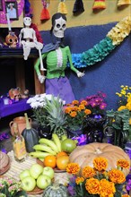 Mexico, Michoacan, Patzcuaro, Dia de los Muertos Day of the Dead altar with skeleton figures food