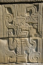 Mexico, Veracruz, Papantla, Relief carving of Mesoamerican god Quetzalcoatl the fethered serpent on