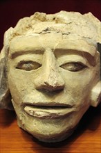Mexico, Veracruz, Papantla, Carved stone human head 900-1150 AD El Tajin archaeological site museum