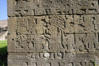 Mexico, Veracruz, Papantla, El Tajin archaeological site Relief carvings on wall of Juegos de