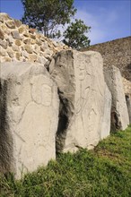 Mexico, Oaxaca, Monte Alban, Relief carved stone blocks depicting dancers.1. Photo : Nick Bonetti