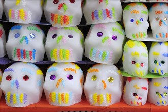 Mexico, Puebla, Sugar candies in the form of skulls for Dia de los Muertos or Day of the Dead