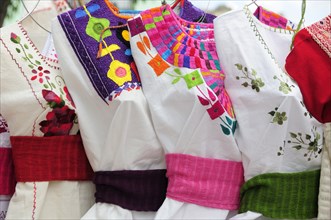 Mexico, Oaxaca, Hand embroidered blouses for sale. Photo : Nick Bonetti