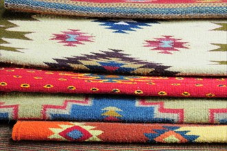 Mexico, Oaxaca, Detail of weavings and carpets by Tomas and Arnulfo Mendoza. Photo : Nick Bonetti