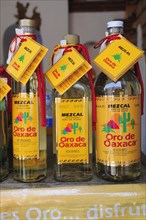 Mexico, Oaxaca, Mezcal bottles. Photo : Nick Bonetti