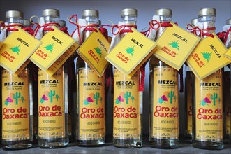 Mexico, Oaxaca, Bottles of locally produced Mezcal. Photo : Nick Bonetti