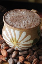 Mexico, Oaxaca, Chocolate caliente hot chocolate in painted cup with cocoa beans. Photo : Nick