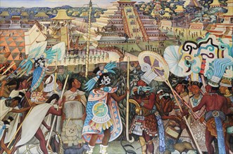 Mexico, Federal District, Mexico City, Mural by Diego Rivera depicting life before the Conquest in