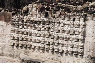 Mexico, Federal District, Mexico City, Replica tzompantli or wall of skulls in Templo Mayor Aztec