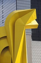 Mexico, Federal District, Mexico City, Detail of yellow Little Horse sculptural form in front of