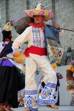 Mexico, Jalisco, Guadalajara, Plaza Tapatia Male dancer from Guerrero State performing during