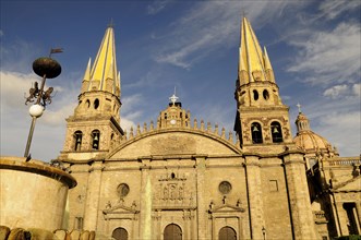 Mexico, Jalisco, Guadalajara, Plaza Guadalajara Cathedral exterior facade and bell towers with part