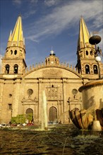Mexico, Jalisco, Guadalajara, Plaza Guadalajara Cathedral exterior facade and bell towers with