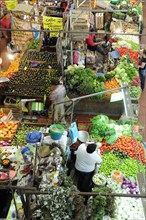 Mexico, Jalisco, Guadalajara, Mercado Libertad View down on vegetable market stall displays and
