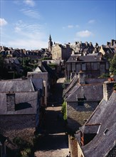 France, Bretagne, Cotes d Armor, Dinan. View from castle ramparts over Rue du Jerzual in medieval