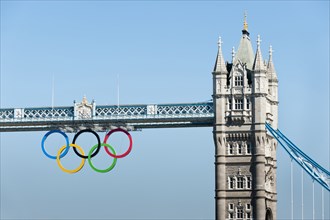 The Olympic rings suspended from the gantry of London's Tower Bridge celebrate the London 2012 Olympic games.