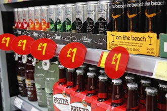 Shopping, Supermarket, Drinks, Cheap Alocholic drinks on sale for one pound. Photo : Sean Aidan