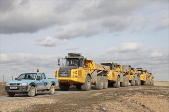 Construction, Machines, Tipper Trucks, Convoy of yellow Volvo Dump Trucks used to redistribute