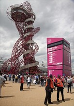 England, London, Stratford Olympic Park View of the ArcelorMittal Orbit designed by Anish Kapoor