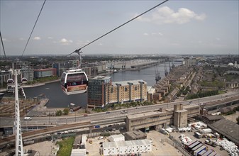 England, London, View from Emirates Airline cable car with the ExCel Arena visible. Photo : Adina