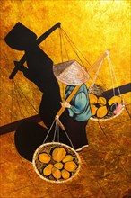 Vietnam, Tourist Goods, Painting of Vietnamese woman carrying goods in baskets on pole across her