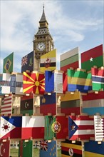 England, London, Parliament Square Sculpture containing flags of competing Olympic nations with Big