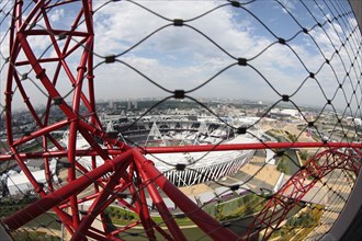 England, London, Stratford Fisheye view over the Olympic park from Anish Kapoors Orbit sculpture.